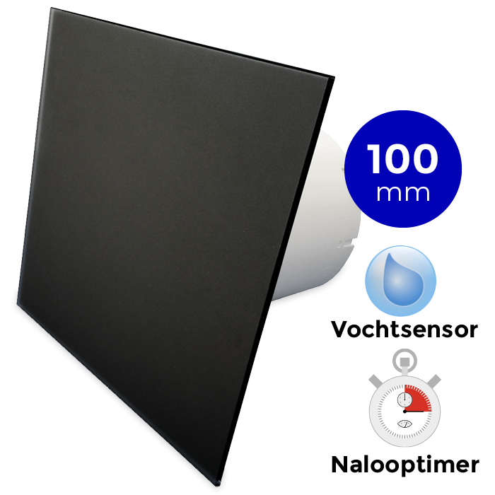 Pro-Design badkamerventilator - TIMER + VOCHTSENSOR (KW100H) - Ø 100mm - vlak GLAS - mat zwart Pro-Design badkamerventilator - TIMER + VOCHTSENSOR (KW100H) - Ø 100mm - vlak GLAS - mat zwart